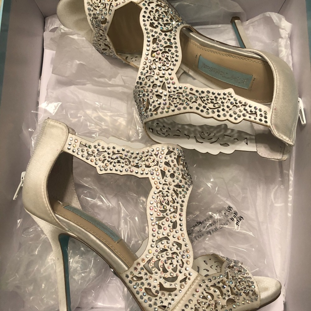 Betsy Johnson iridescent rhinestone white shoes